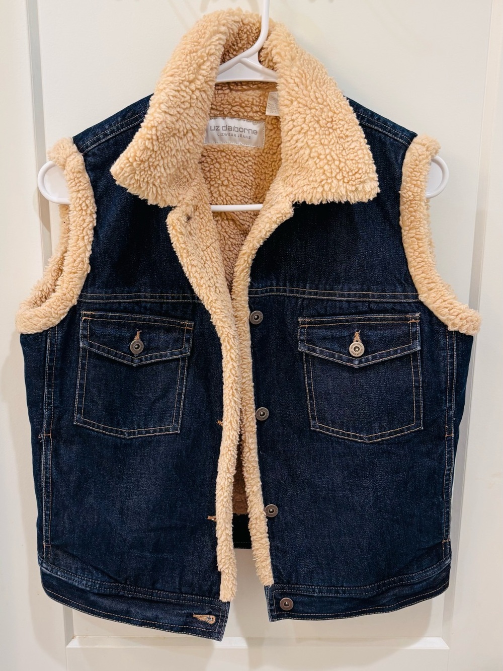 Vintage Liz Claiborne Navy Denim Vest with Cream Sherpa Lining. Size 8